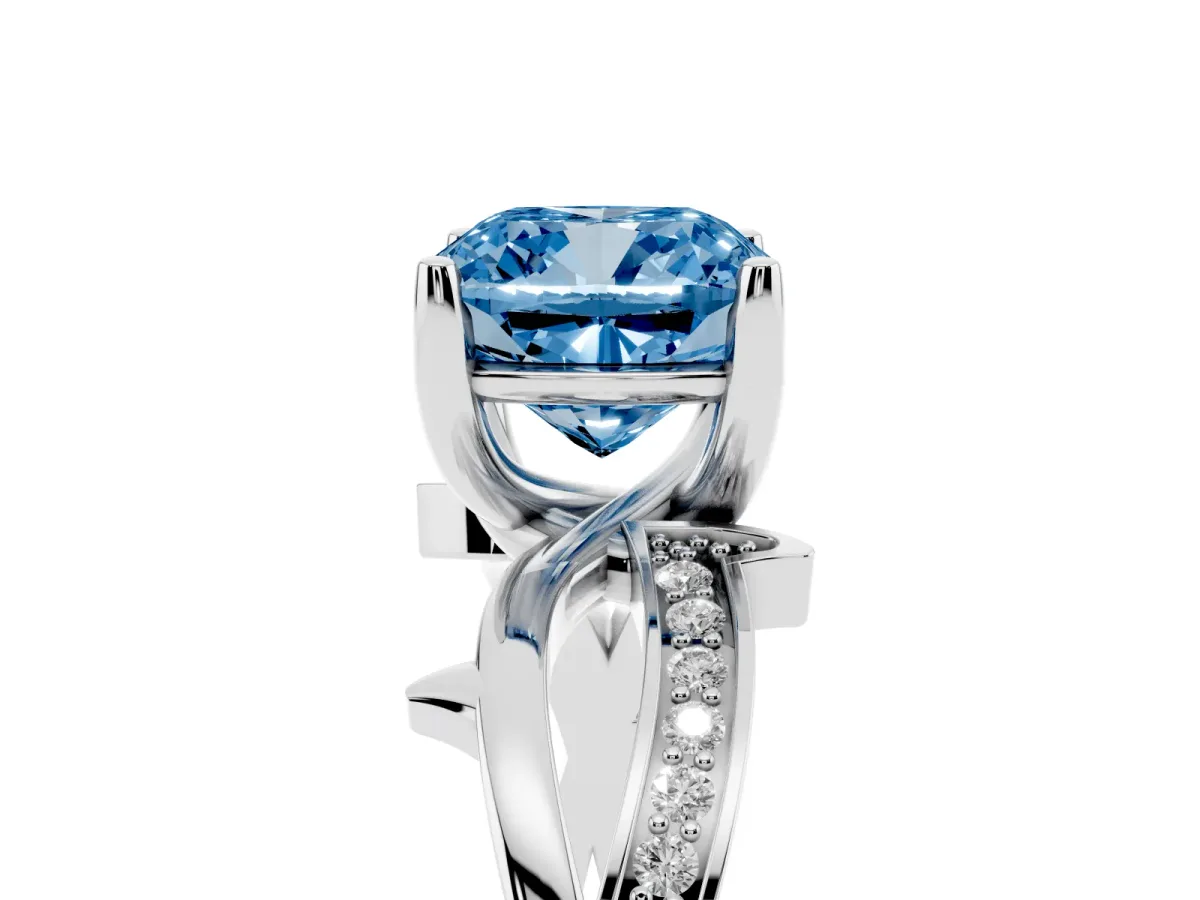 Fancy Blue Cushion Cut Solitaire Twist Band with Pavé Accents and Four-Prong Setting Silver