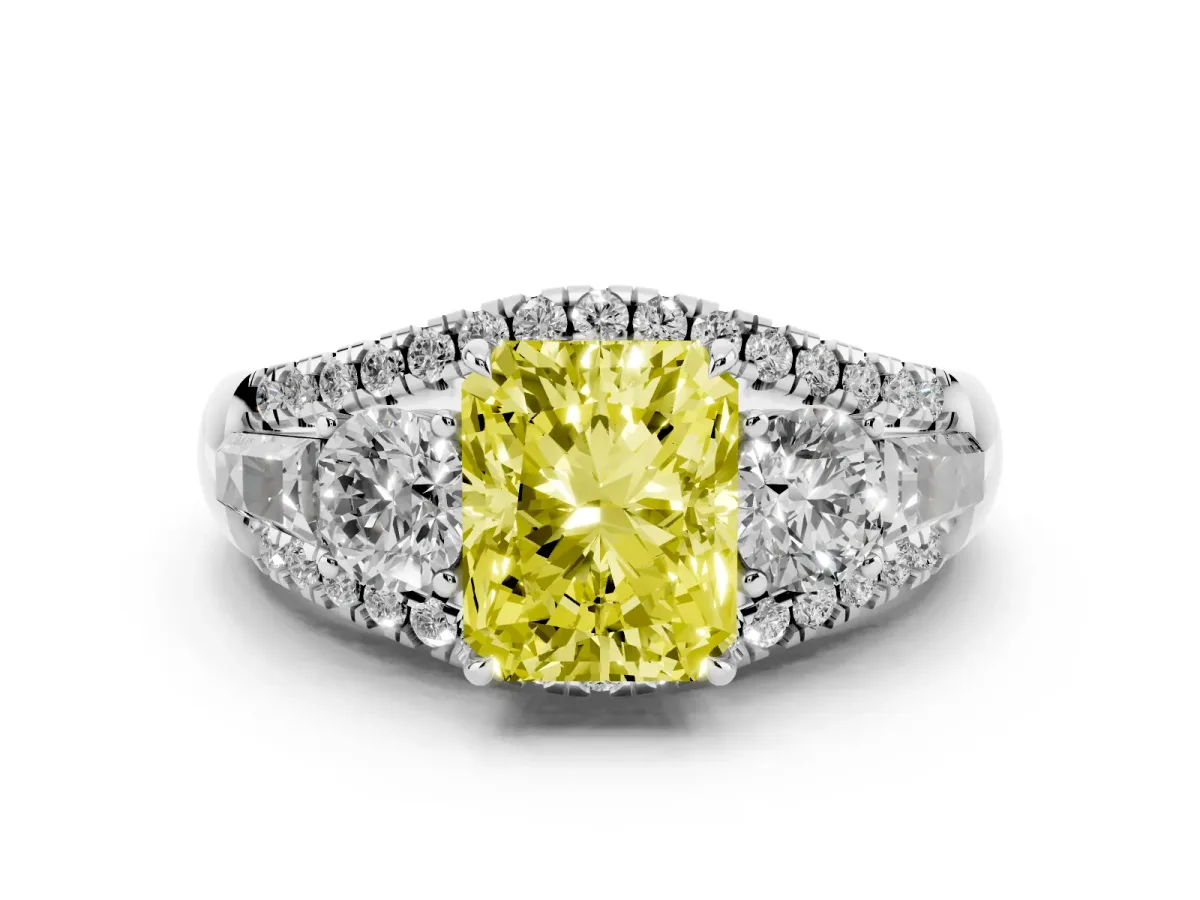 Fancy Yellow Three-Stone Radiant Cut Diamond Engagement Ring with Pave Band and Prong Setting Silver
