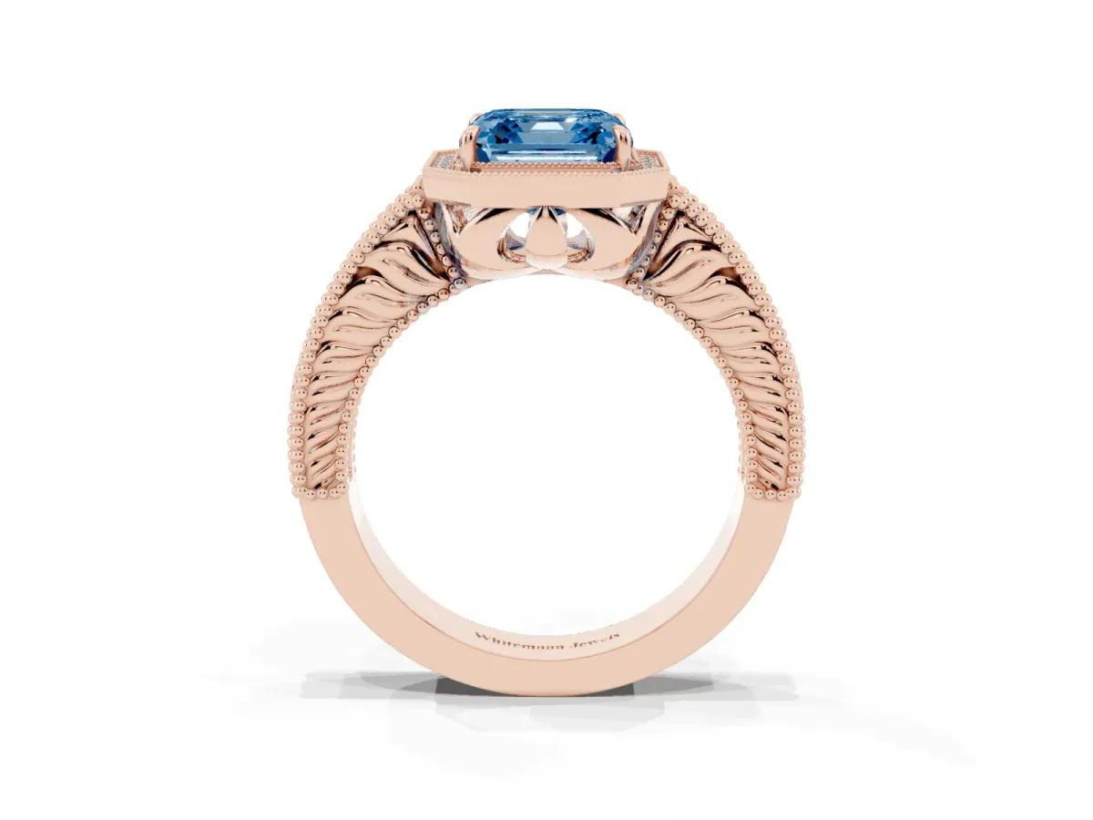 Fancy Blue Asscher Cut Cut Halo Diamond Ring with Pavé Band and Four-Prong Setting Rose gold