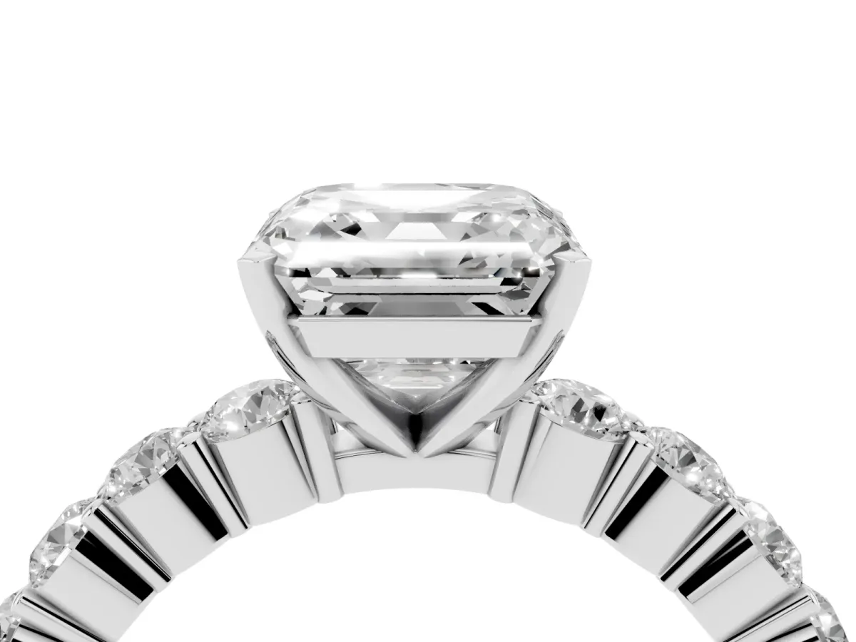 Asscher Cut Diamond Solitaire Ring with Shared Prong Round Side Stones Silver