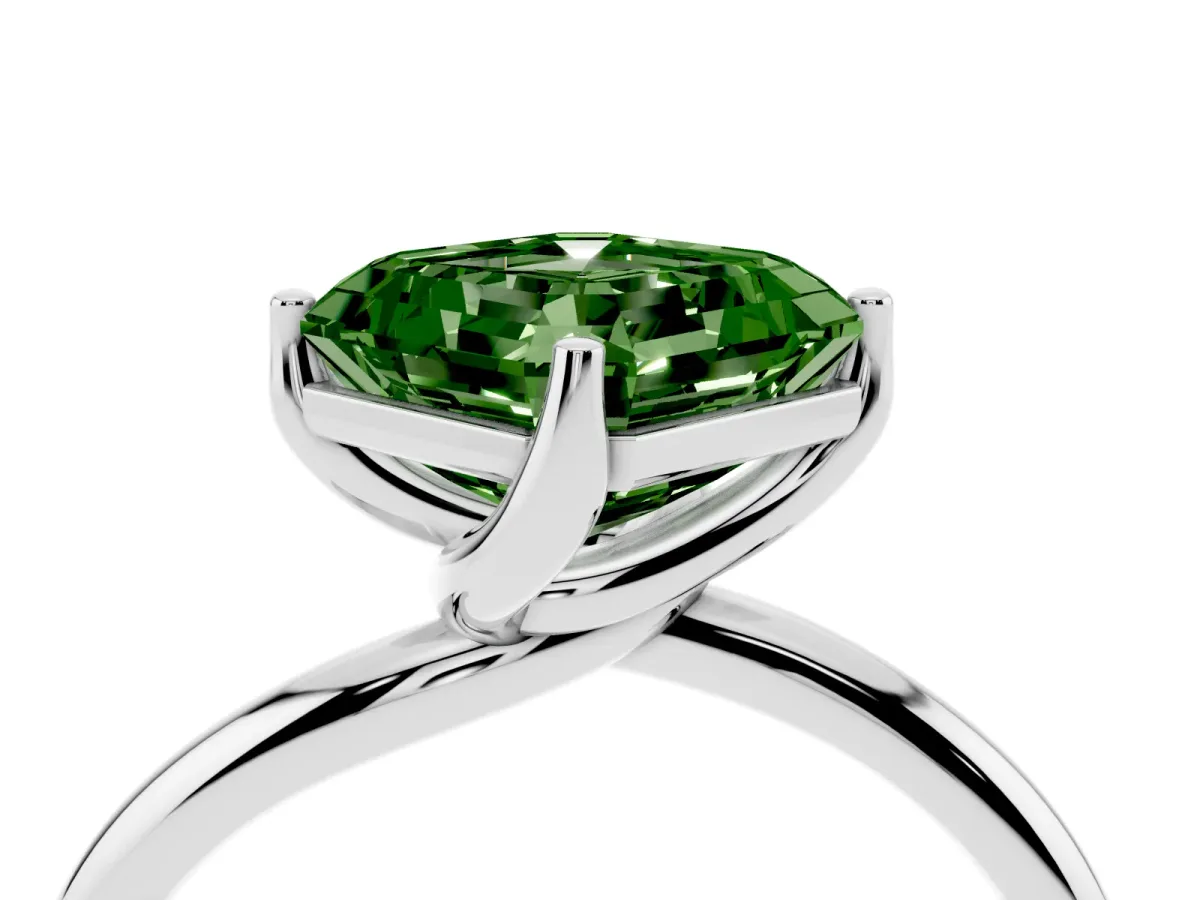 Fancy Green Asscher Cut Diamond Solitaire Engagement Ring with Four-Prong Setting and Classic Band Silver