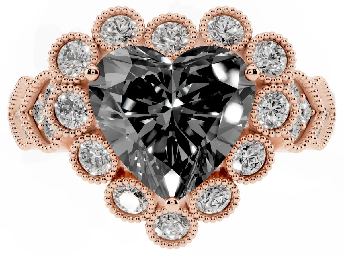 Fancy Black Heart Cut Brilliant Milgrain Pave Heart Band Solitaire Ring Rose gold