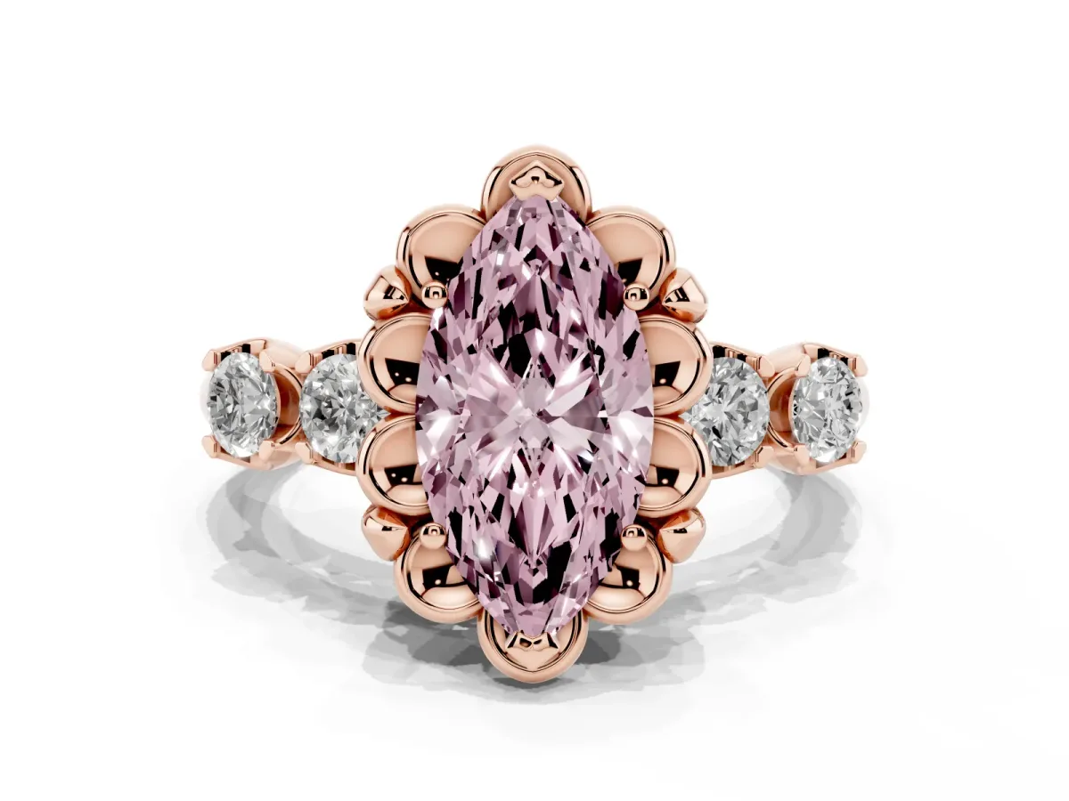 Fancy Pink Marquise Cut Cut Diamond Floral Halo Engagement Ring with Shared Prong Setting Rose gold