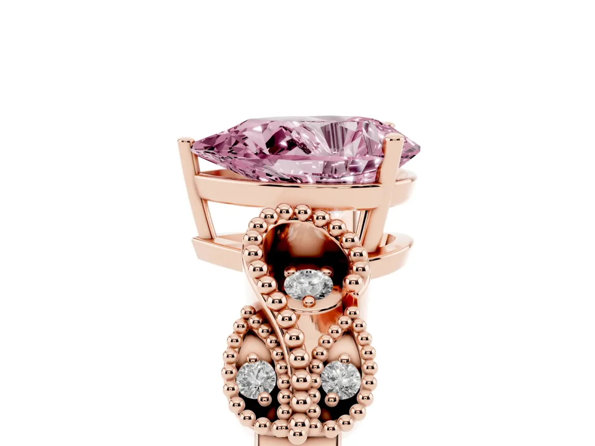 Fancy Pink Pear Cut Solitaire Milgrain Leaf Band with Prong Setting Rose gold