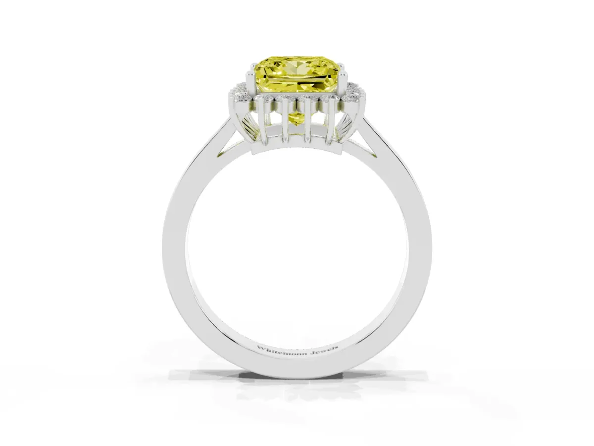 Fancy Yellow Princess Cut Cut Diamond Halo Ring with Round Brilliant Halo and Solitaire Band Silver