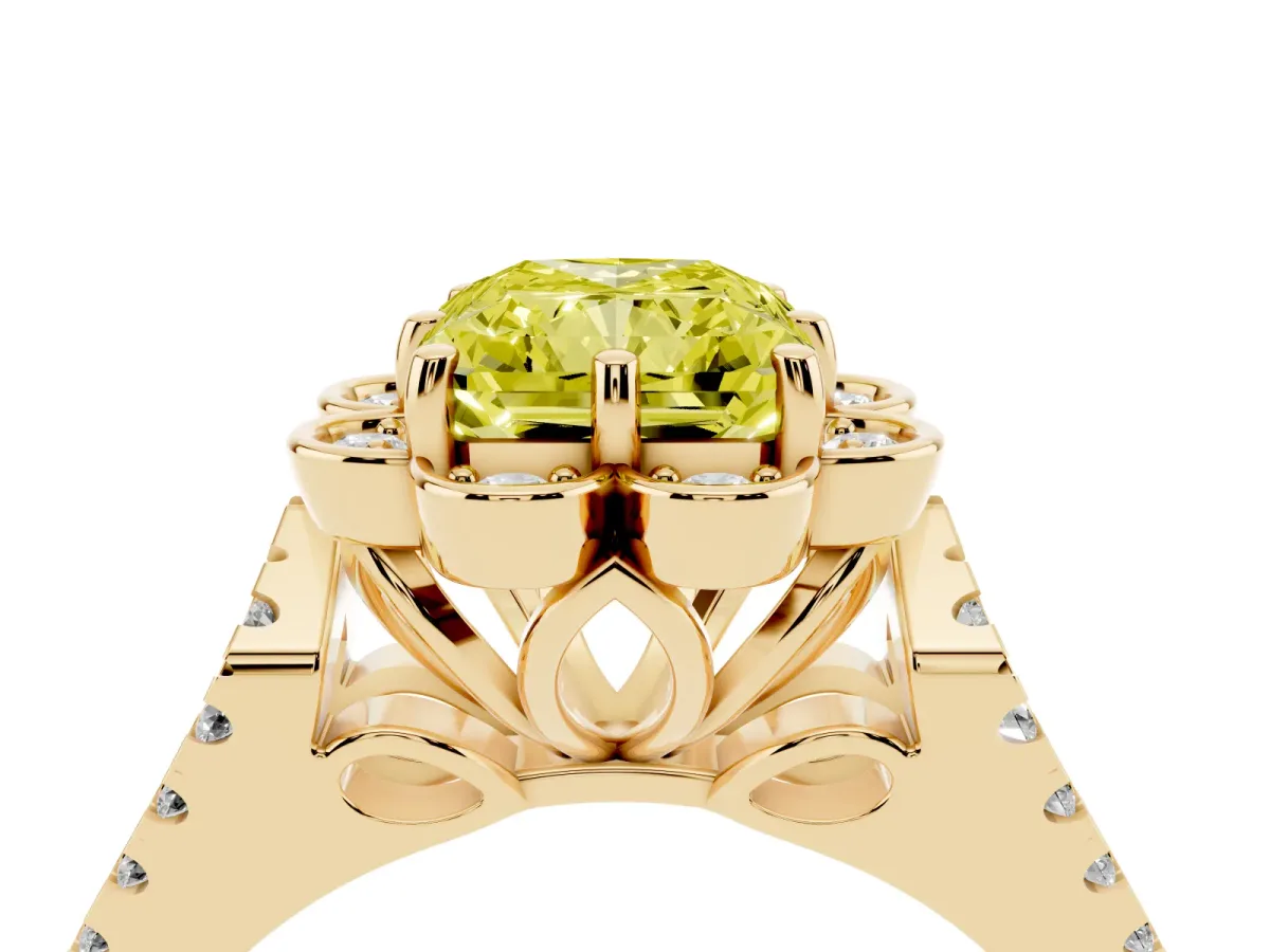 Fancy Yellow Radiant Cut Halo Diamond Floral Split Shank Engagement Ring Yellow gold