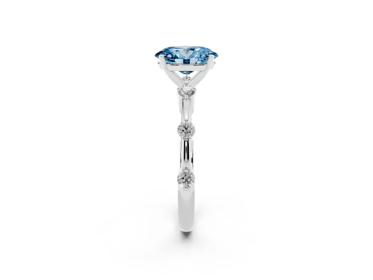 Fancy Blue Oval Cut Solitaire Diamond Ring with Bezel Set Side Stones and Prong Setting Silver
