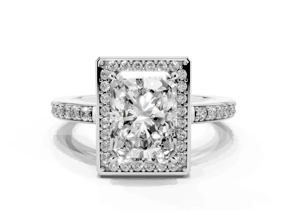 Radiant Cut Halo Pave Band Solitaire Ring with Prong Setting Silver