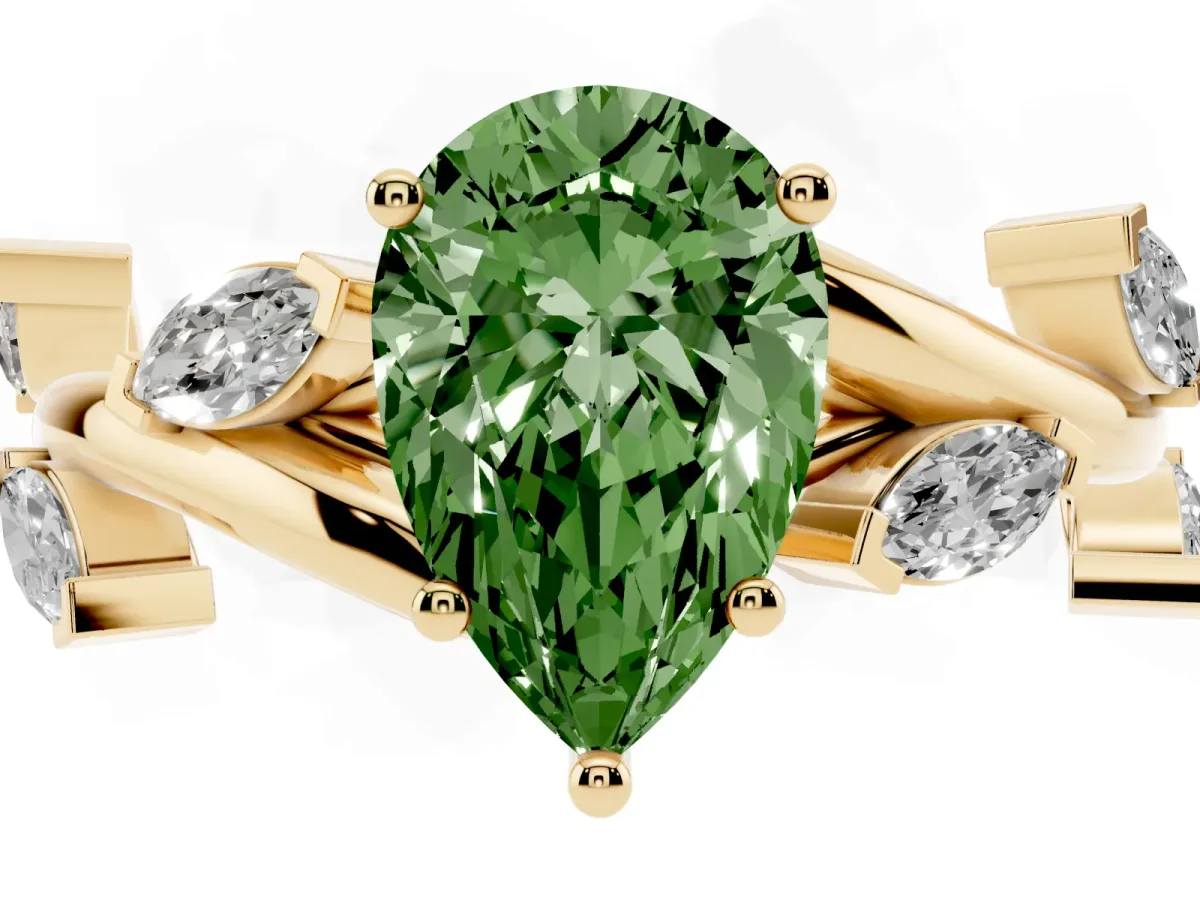 Fancy Green Pear Cut Solitaire Twisted Band Marquise Accent Prong Setting Ring Yellow gold