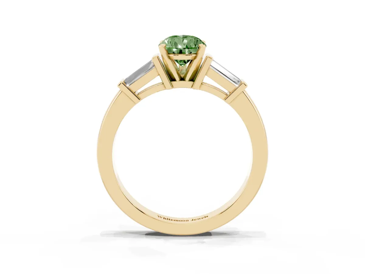 Fancy Green Pear Cut Cut Diamond Solitaire Ring with Tapered Baguette Accents and Four-Prong Setting Yellow gold