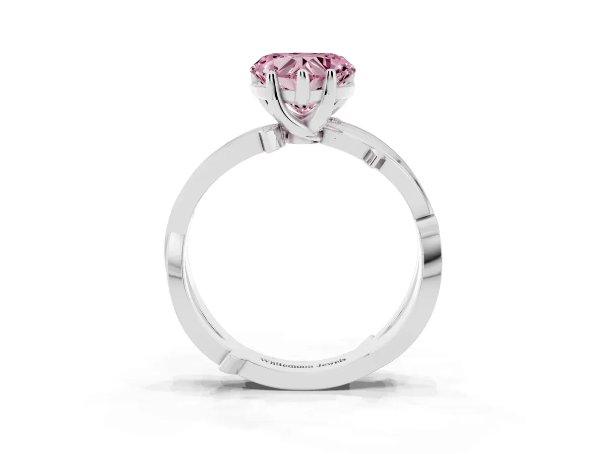 Fancy Pink Heart Cut Solitaire Twist Band with Pavé Accents and Four-Prong Setting Silver