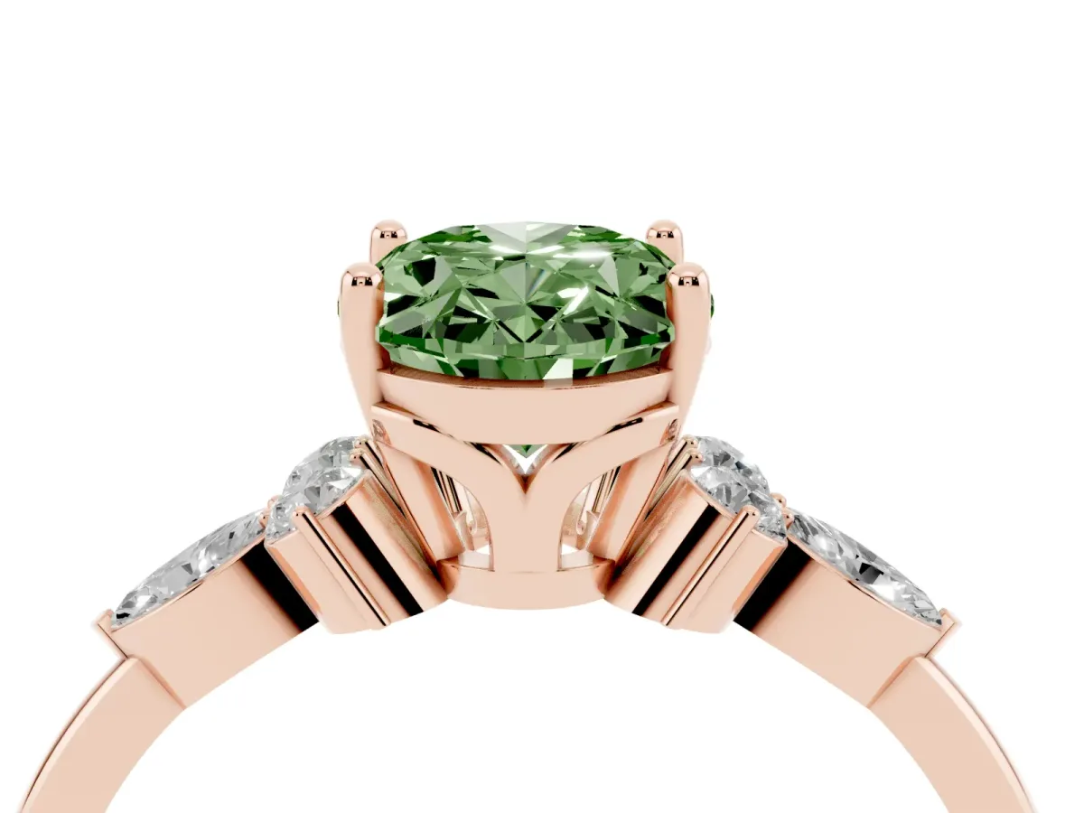 Fancy Green Oval Cut Brilliant Diamond Solitaire Ring with Pear Side Stones and Four-Prong Setting Rose gold