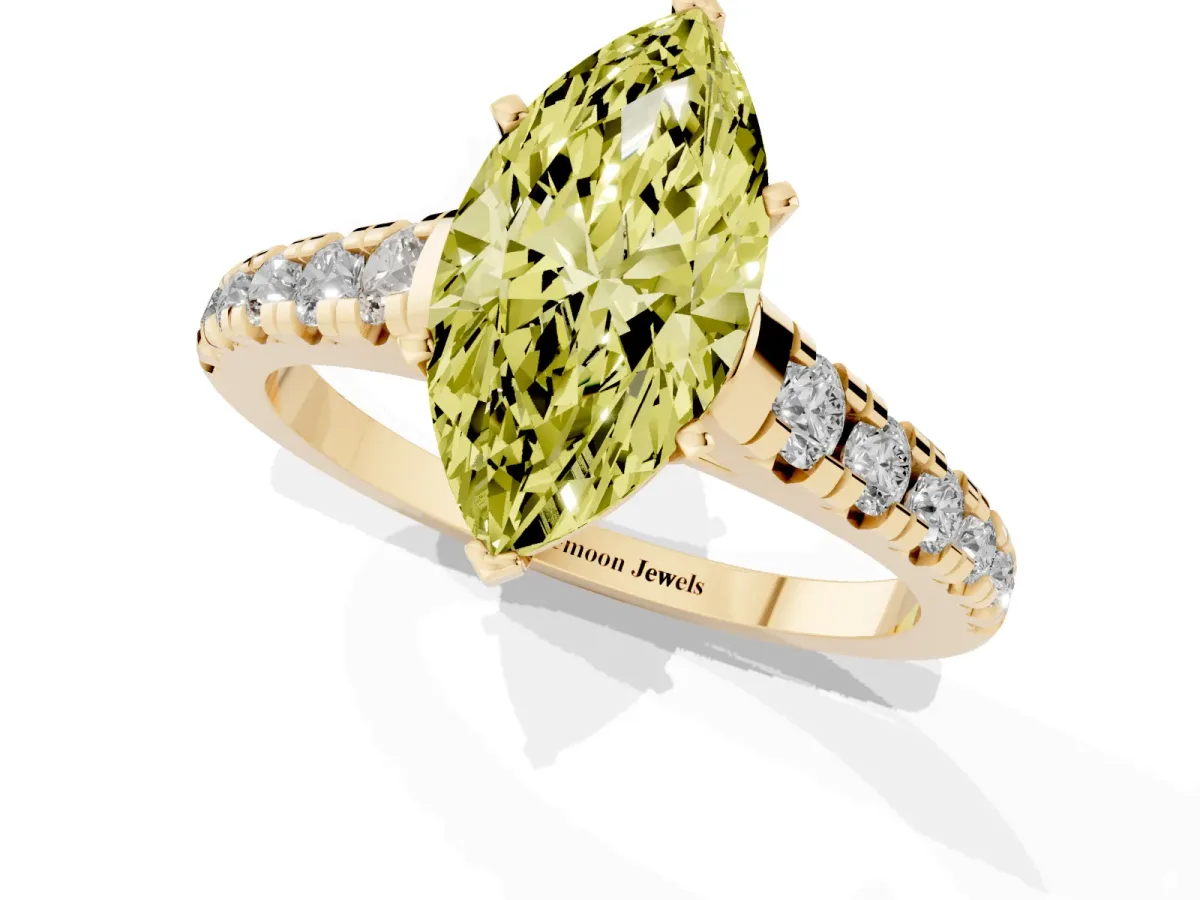 Fancy Yellow Marquise Cut Diamond Cathedral Solitaire Ring with Round Pavé Band Yellow gold