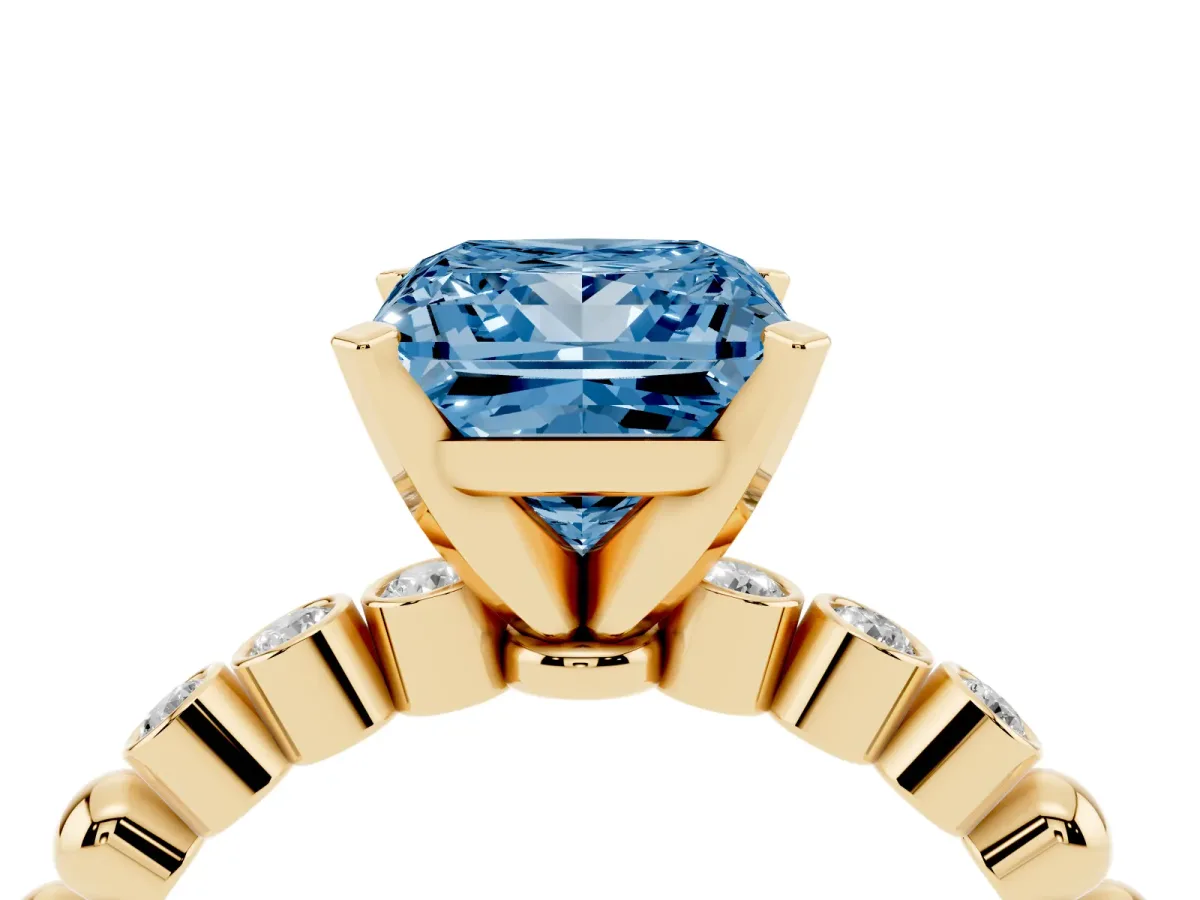 Fancy Blue Princess Cut Solitaire Bezel Accent Diamond Engagement Ring with Beaded Band and Four-Prong Setting Yellow gold