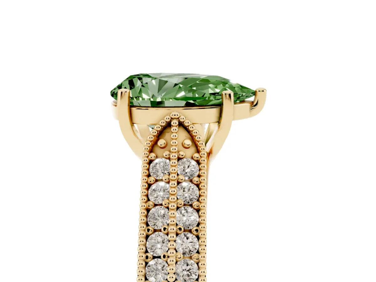Fancy Green Pear Cut Cut Pave Split Shank Engagement Ring with Four-Prong Setting Yellow gold