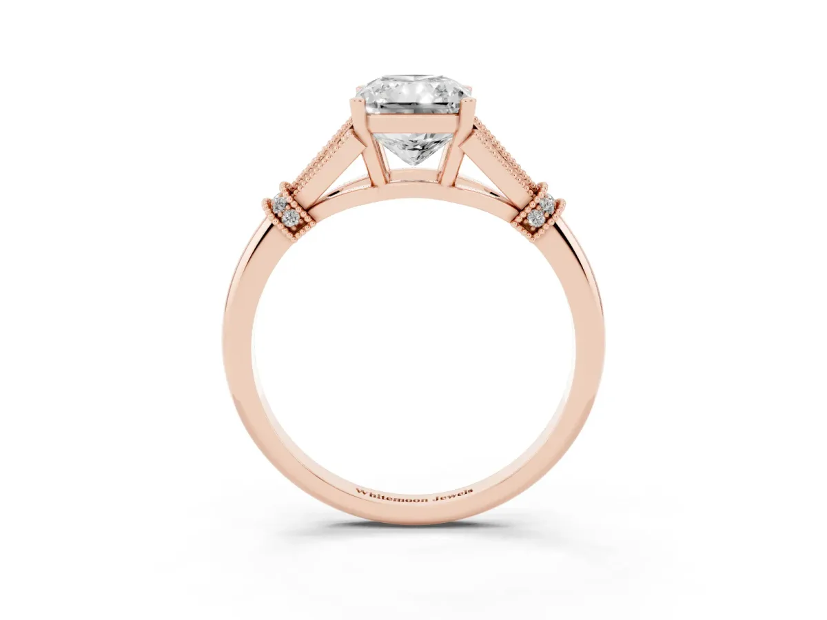 Radiant Cut Diamond Solitaire Ring with Floral Filigree and Pave Accents Rose gold