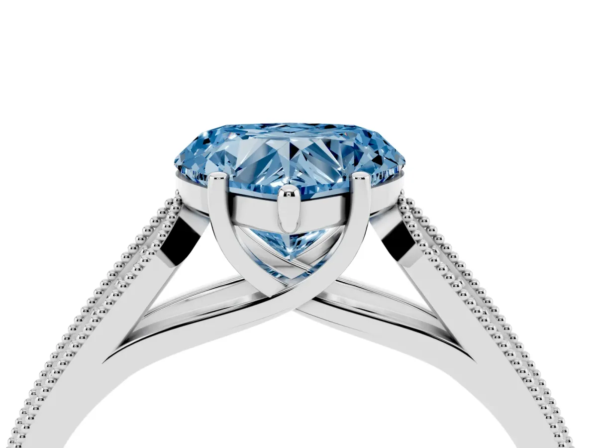 Fancy Blue Heart Cut Cut Pave Split Shank Engagement Ring with Four-Prong Setting Silver
