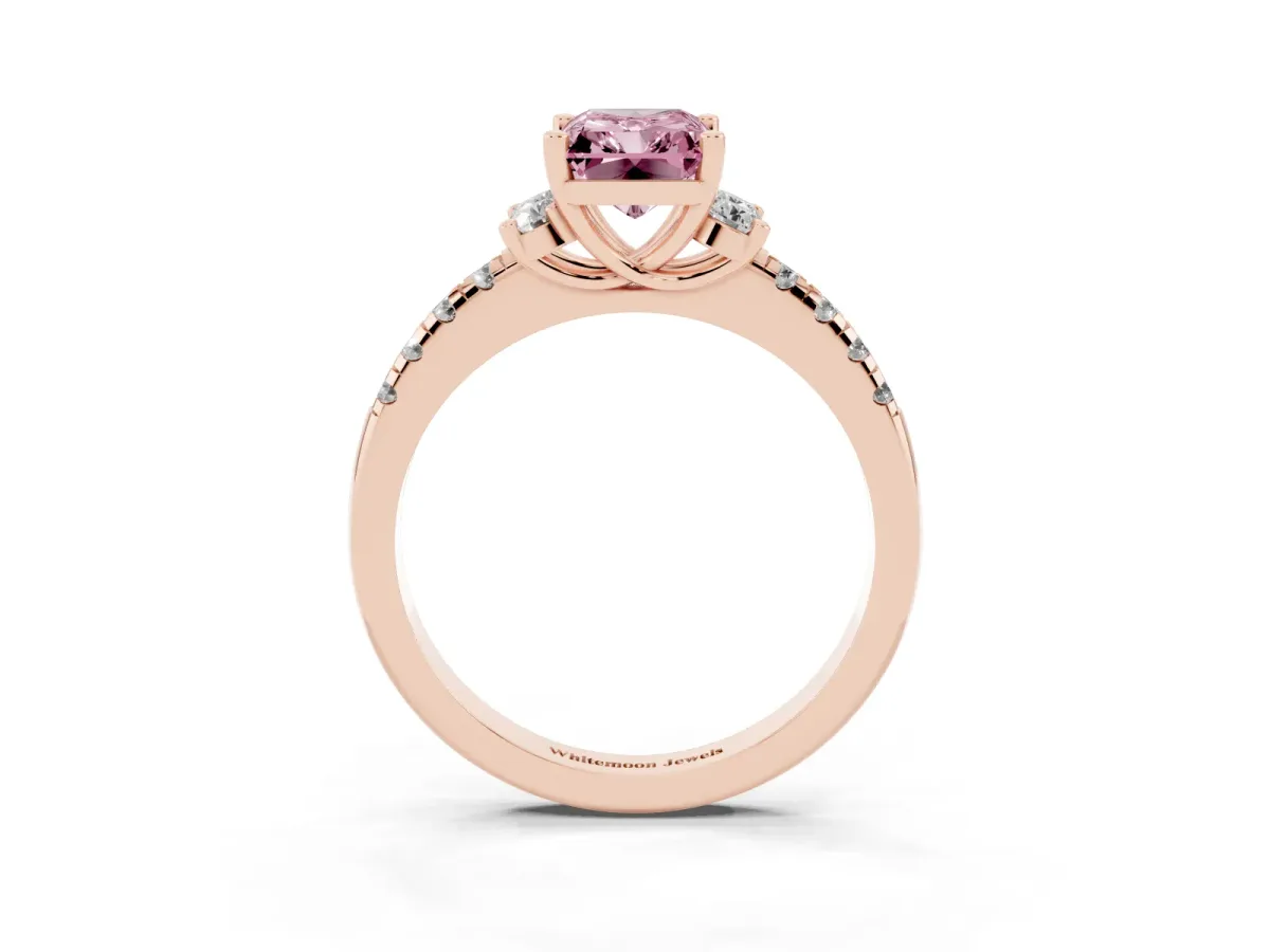 Fancy Pink Radiant Cut Diamond Three-Stone Pave Band with Four-Prong Setting Rose gold