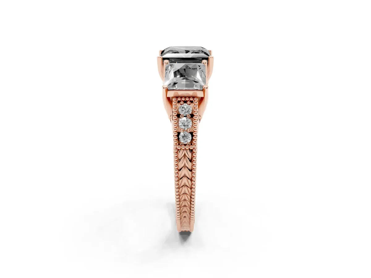 Fancy Black Three-Stone Princess Cut Cut Milgrain Pavé Engagement Ring Rose gold
