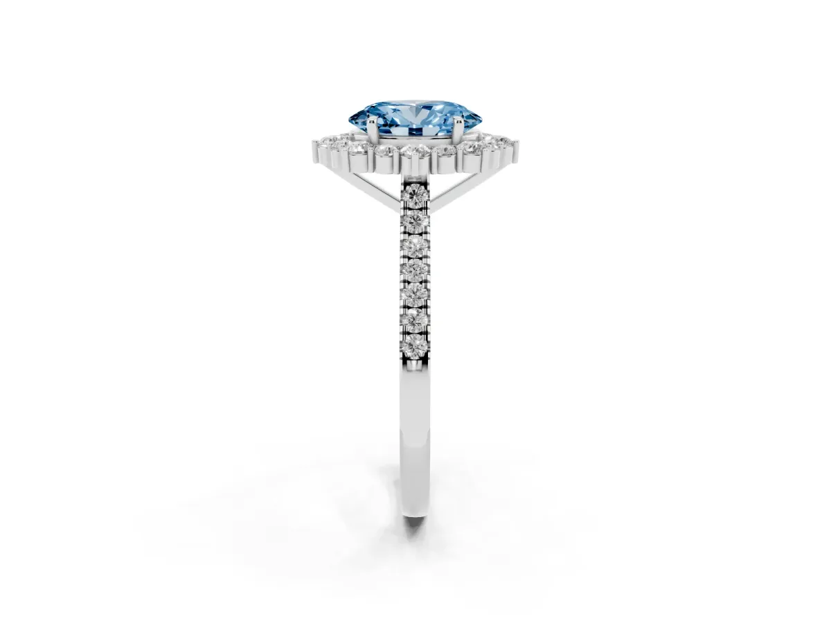 Fancy Blue Oval Cut Halo Diamond Ring with Pavé Band and Prong Setting Silver
