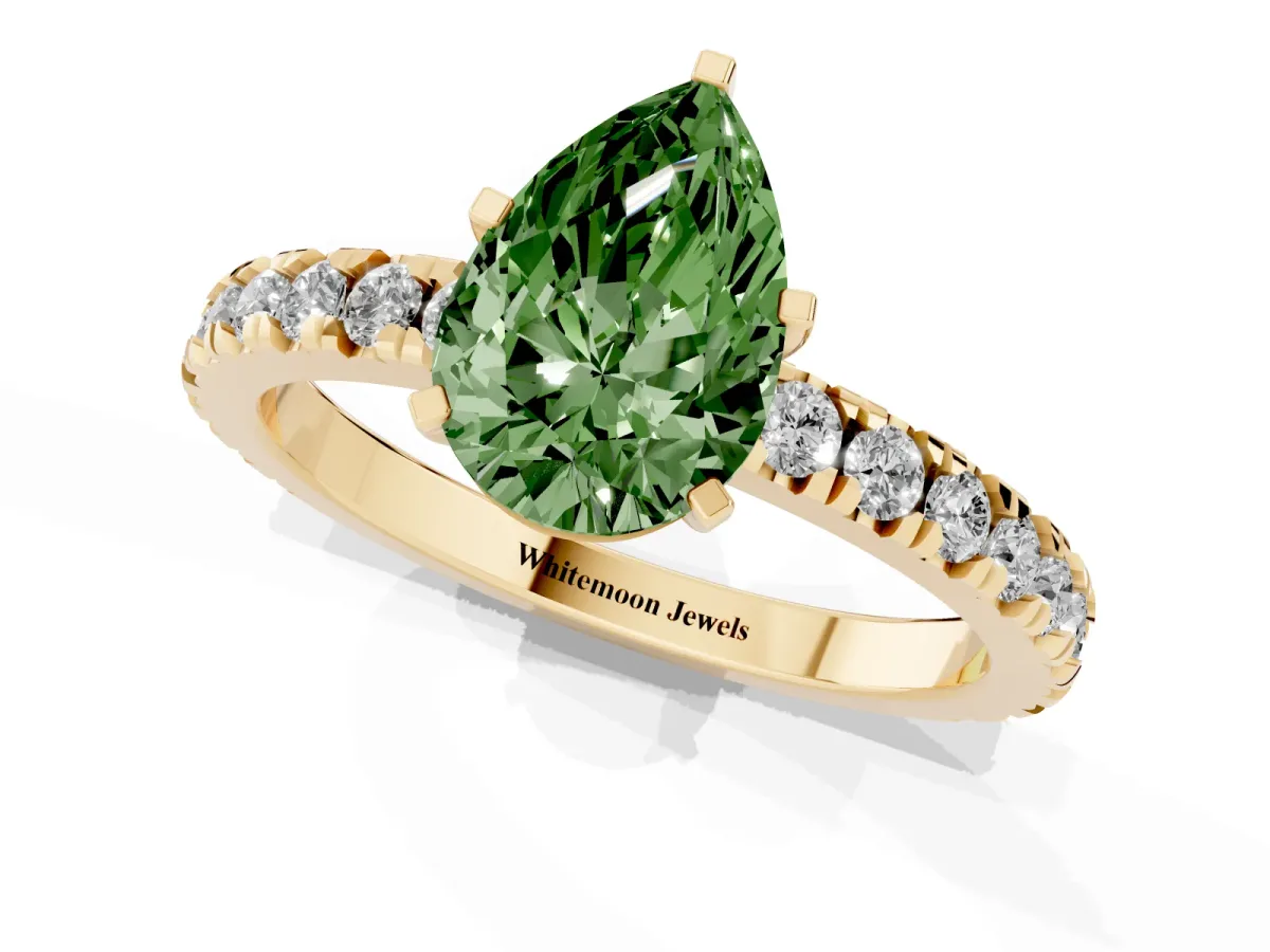 Fancy Green Pear Cut Diamond Pavé Band Solitaire with Four-Prong Setting Yellow gold