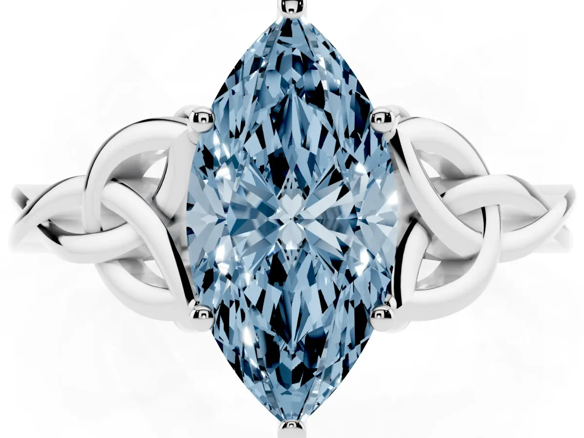 Fancy Blue Marquise Cut Diamond Solitaire Engagement Ring with Celtic Knot Band and Four-Prong Setting Platinum