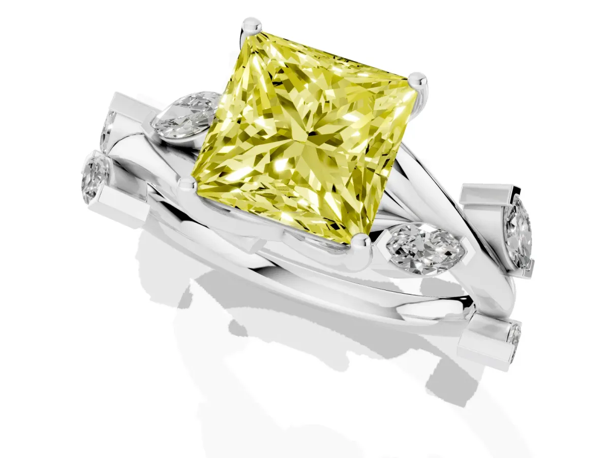 Fancy Yellow Princess Cut Solitaire Twisted Band Marquise Accent Prong Setting Ring Silver