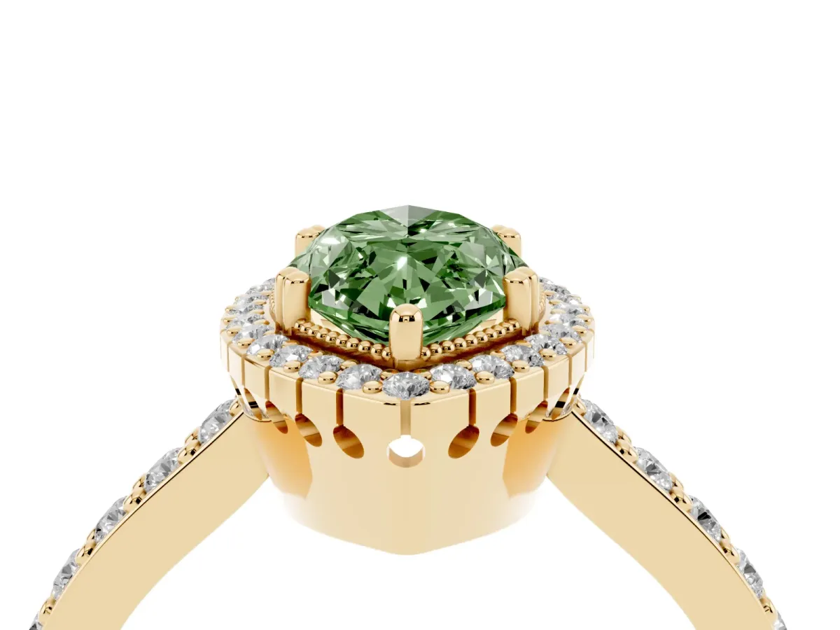 Fancy Green Marquise Cut Cut Diamond Halo Engagement Ring with Milgrain Detail and Pavé Band Yellow gold