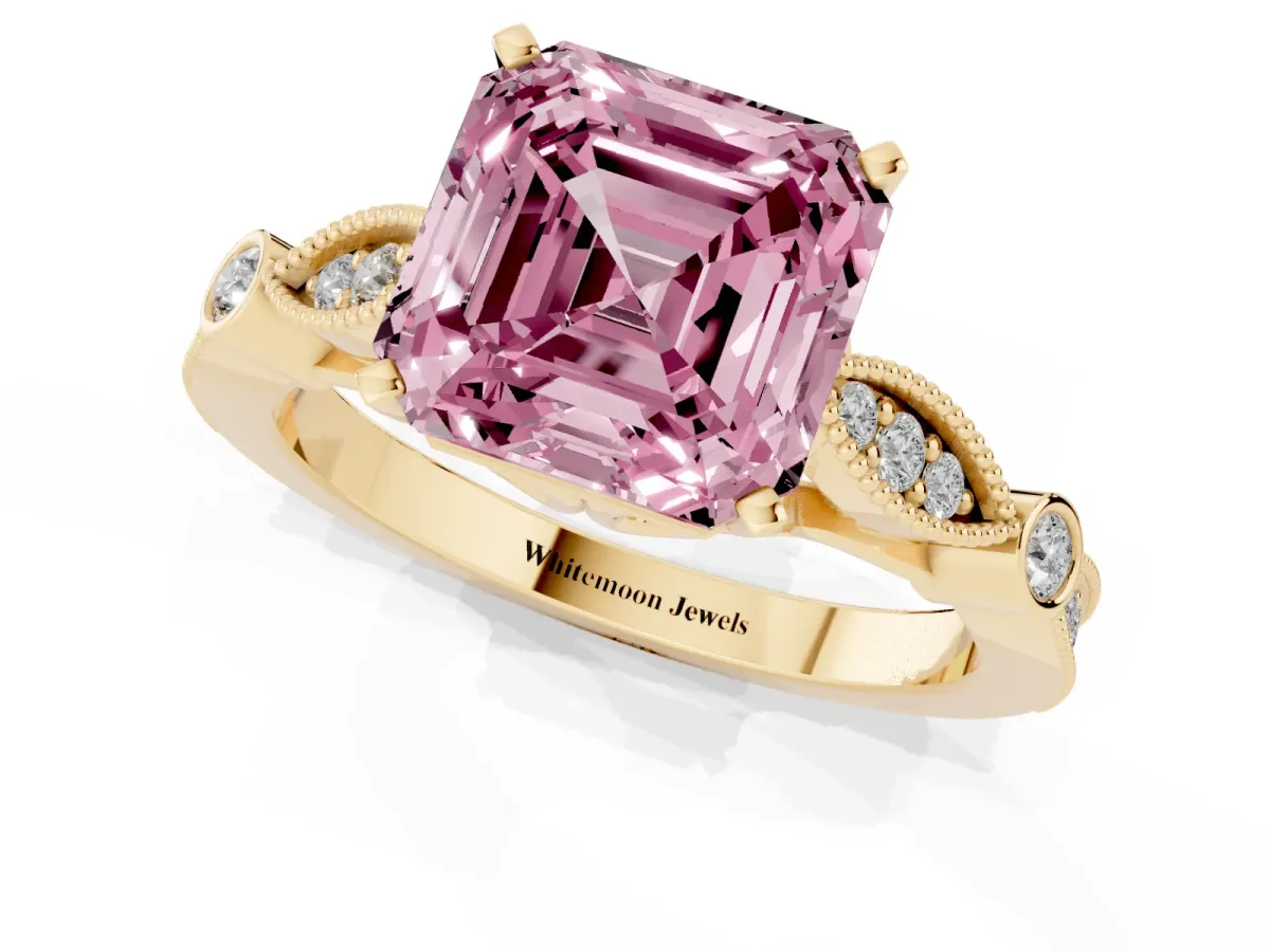 Fancy Pink Asscher Cut Cut Diamond with Milgrain Marquise and Bezel Accents on a Solitaire Band with Prong Setting Yellow gold