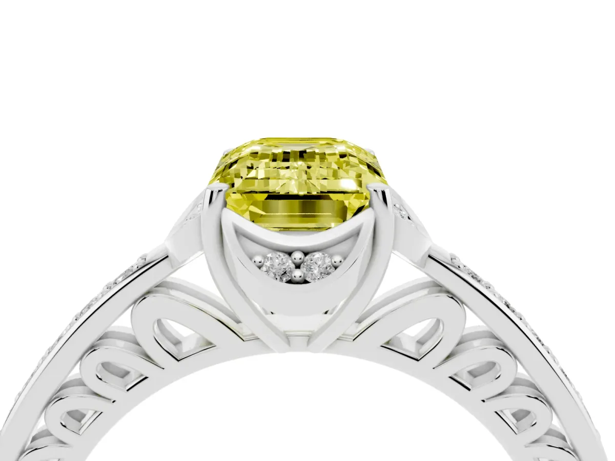 Fancy Yellow Emerald Cut Cut Halo Diamond Ring with Channel Set Band and Four-Prong Setting White gold
