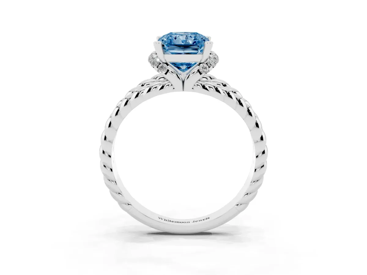 Fancy Blue Radiant Cut Halo Twisted Band Four-Prong Ring Silver