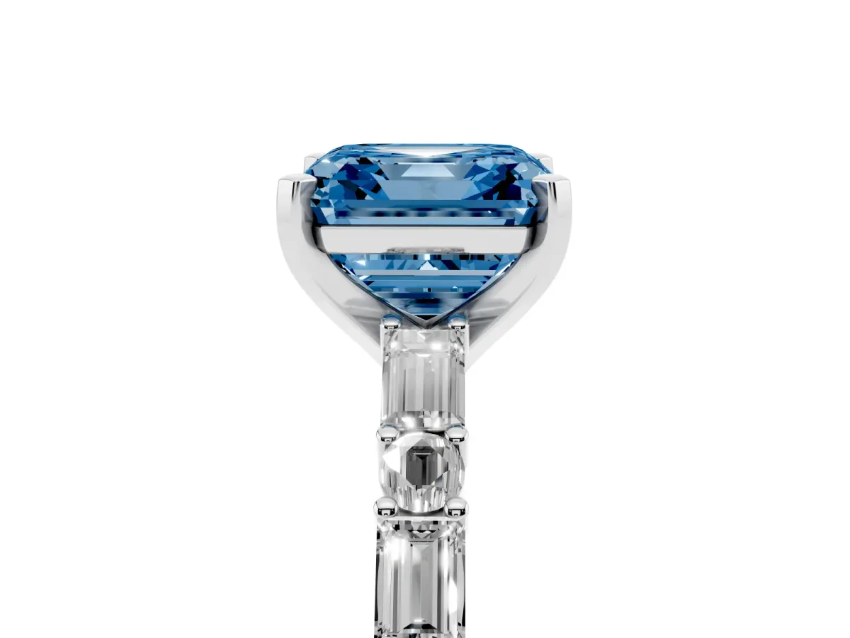 Fancy Blue Asscher Cut Diamond Solitaire with Side Baguettes and Channel Set Band Silver