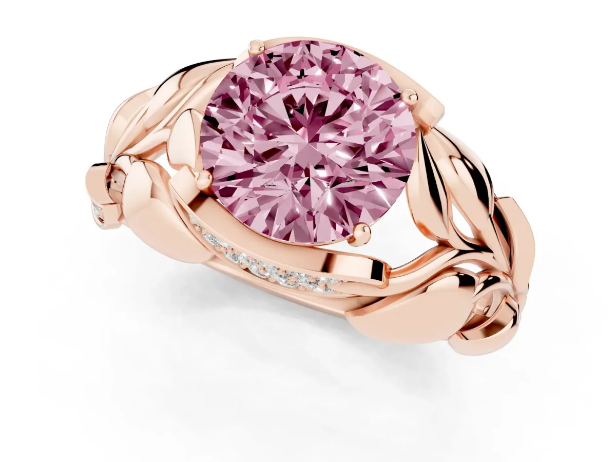 Fancy Pink Round Cut Diamond Leaf-Inspired Engagement Ring with Round Accents and Prong Setting Rose gold