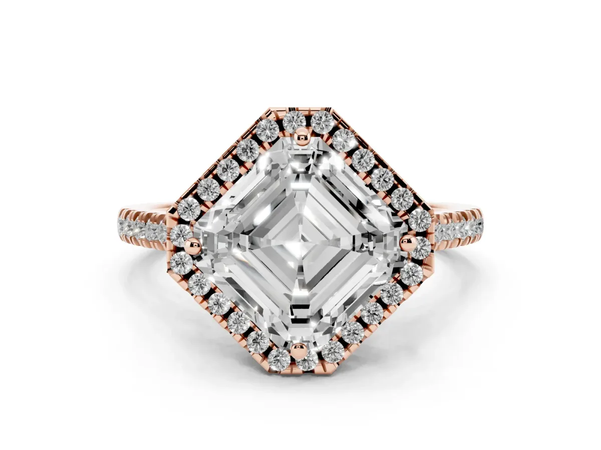 Asscher Cut Diamond Cushion Halo Ring with Pavé Band Rose gold