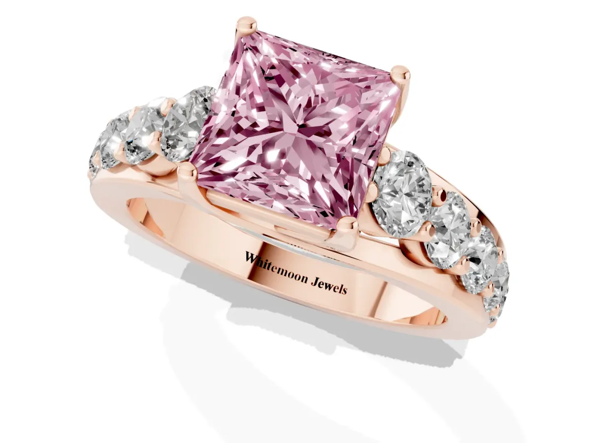 Fancy Pink Princess Cut Diamond Engagement Ring with Pavé Band and Four-Prong Setting Rose gold
