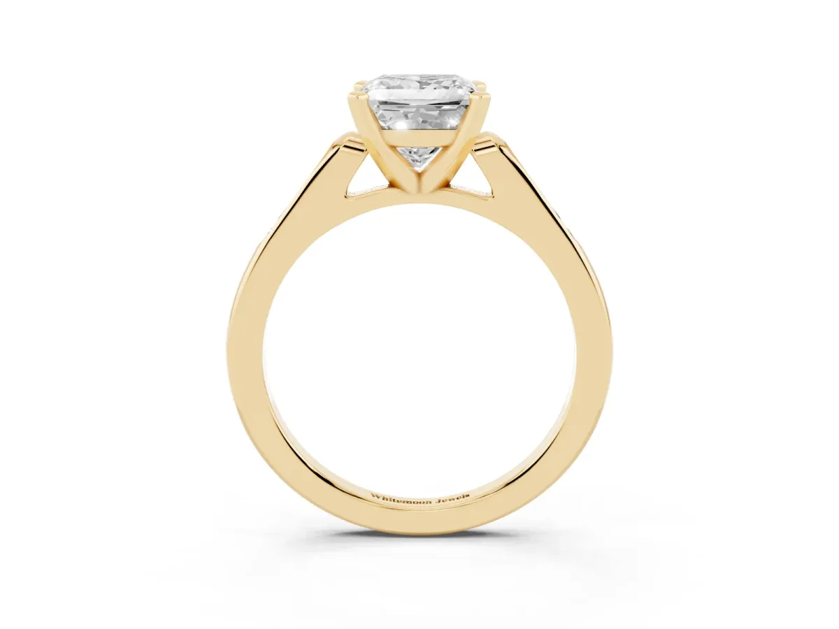 Princess Cut Diamond Solitaire Ring with Channel Set Round Band and Prong Setting Yellow gold
