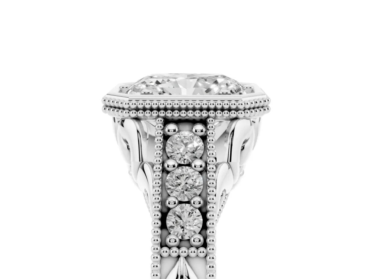 Bezel Set Radiant Cut Diamond Milgrain Pave Engagement Ring Silver