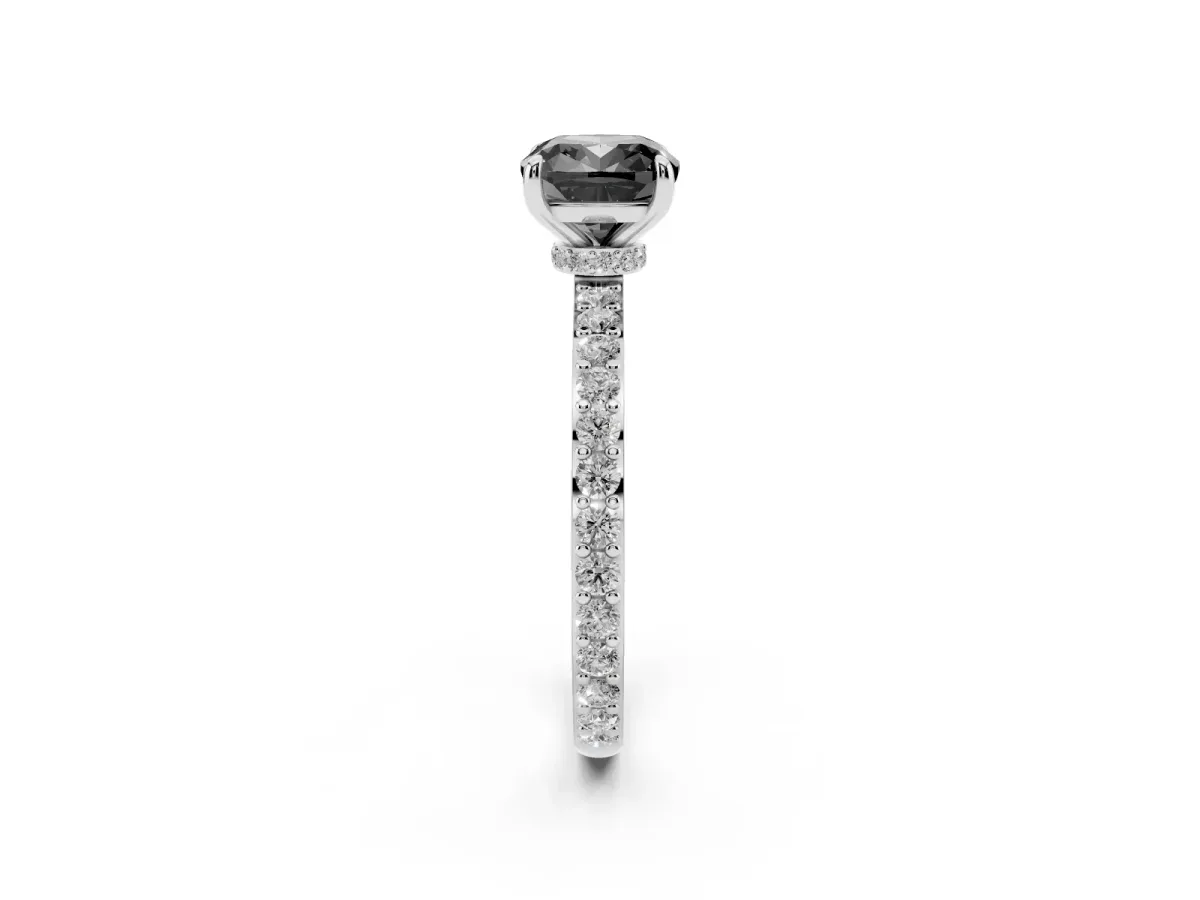 Fancy Black Cushion Cut Diamond Pavé Engagement Ring with Round Accents and Prong Setting Silver