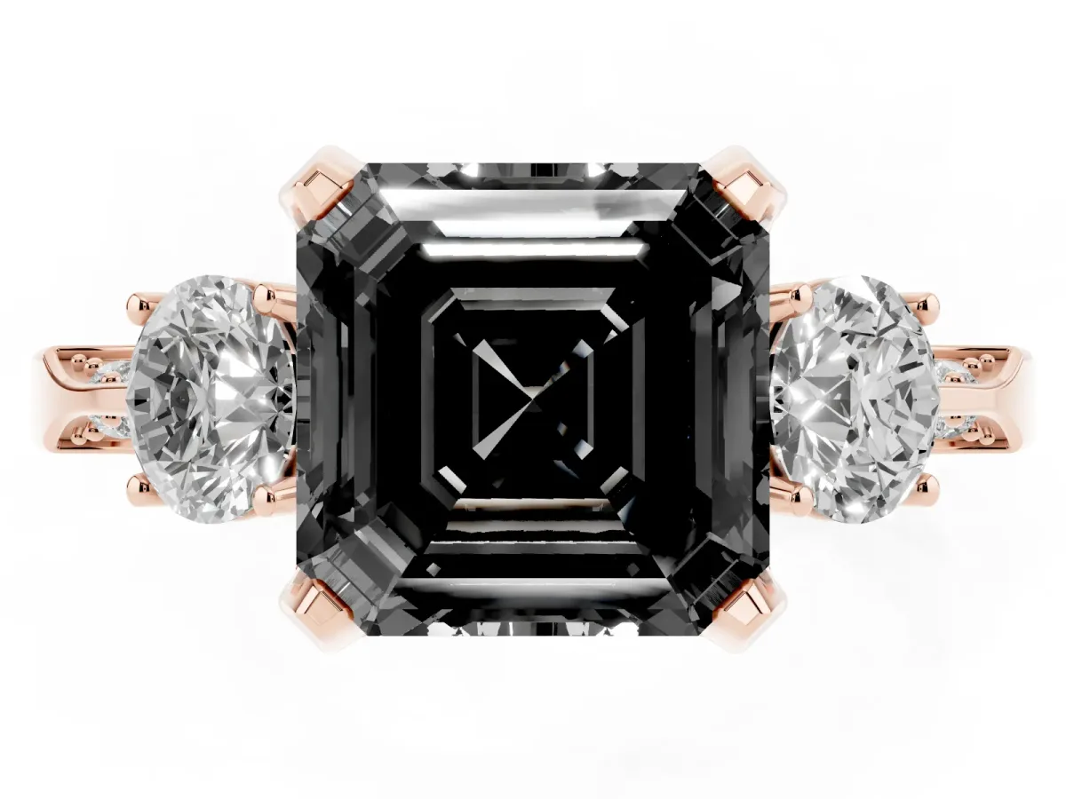 Fancy Black Asscher Cut Brilliant Three-Stone Diamond Ring with Pavé Band and Four-Prong Setting Rose gold
