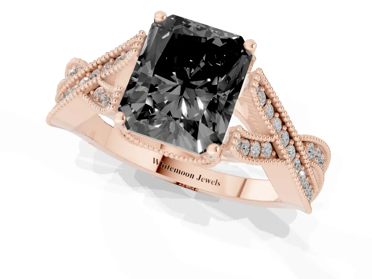 Fancy Black Radiant Cut Cut Diamond Twisted Band with Milgrain Pave Setting and Four-Prong Setting Rose gold