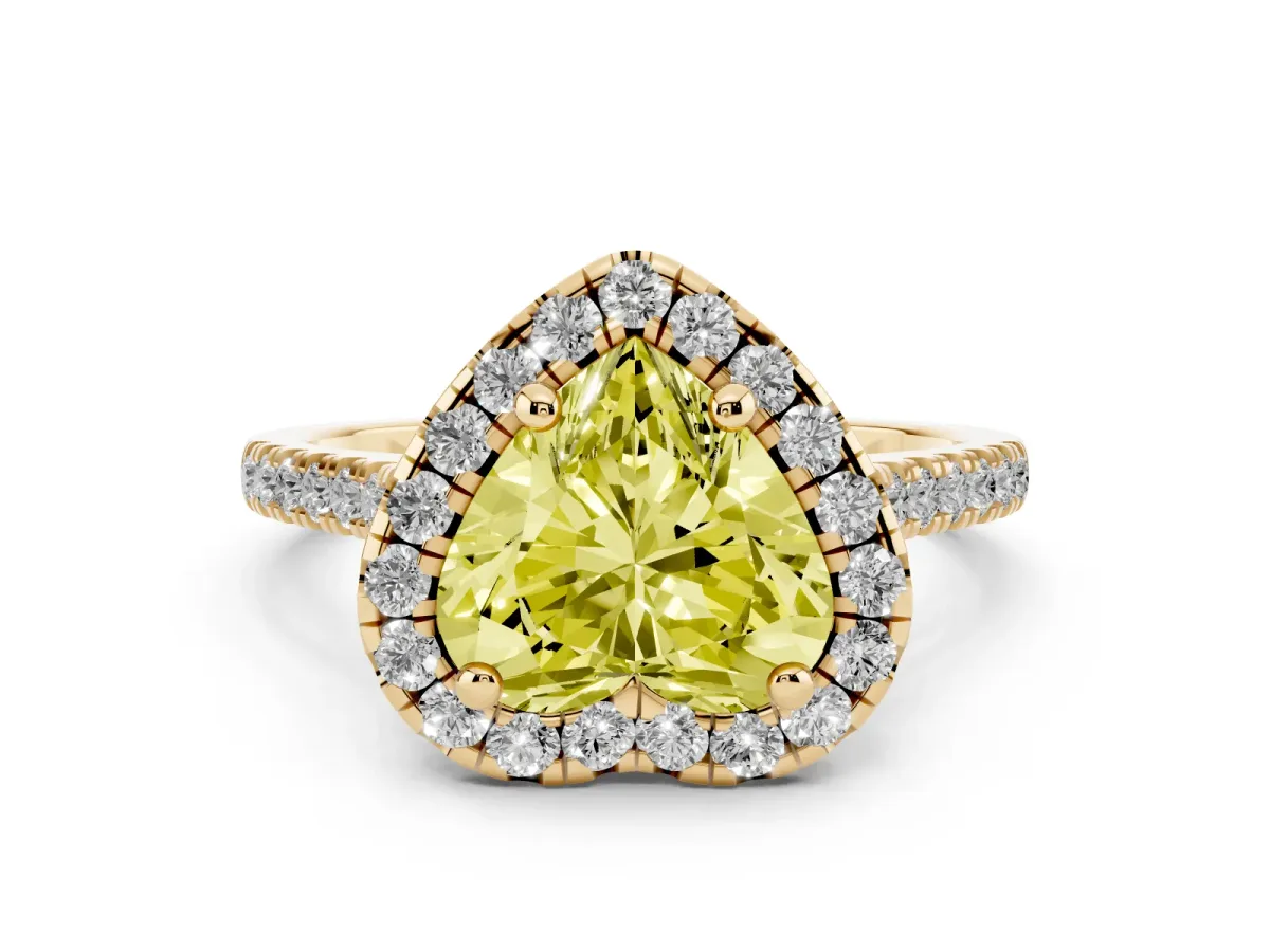Fancy Yellow Heart Cut Diamond Cushion Halo Ring with Pavé Band Yellow gold