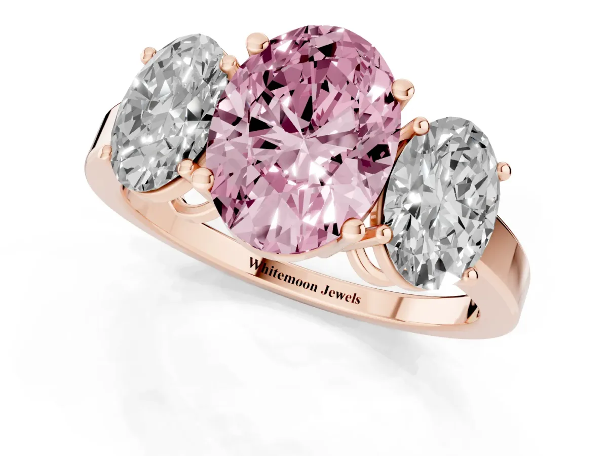 Fancy Pink Three-Stone Oval Cut Cut Diamond Engagement Ring with Flat Band and Four-Prong Setting Rose gold