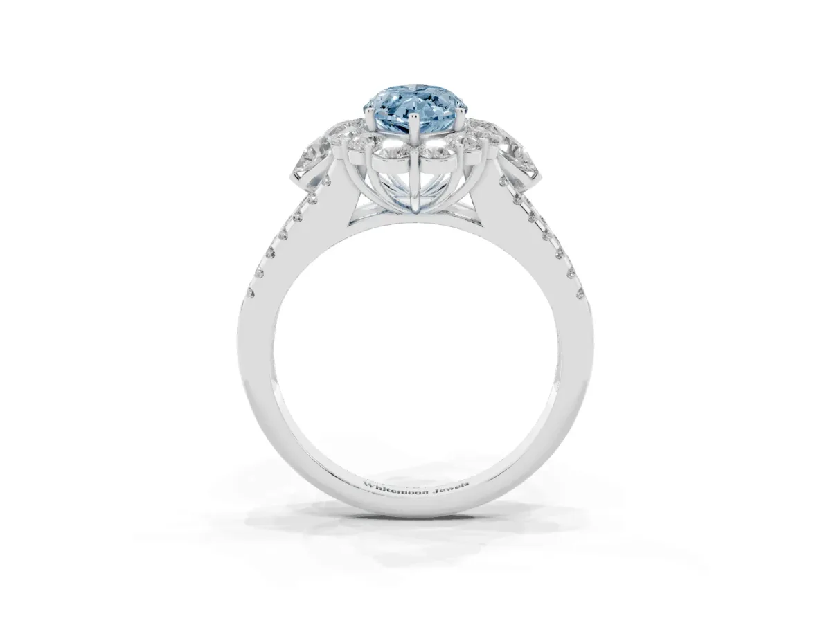 Fancy Blue Marquise Cut Halo Split Shank Diamond Engagement Ring with Prong Setting Silver