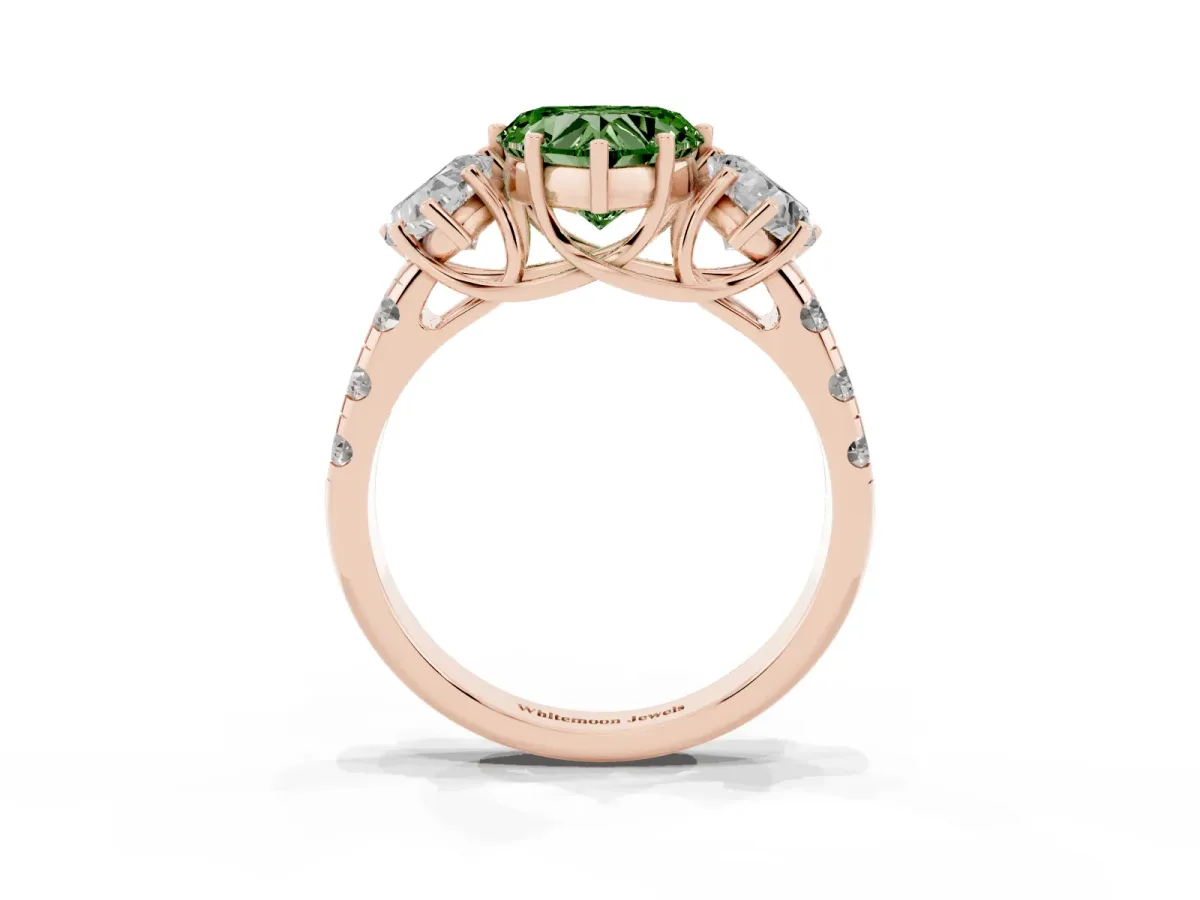 Fancy Green Three-Stone Heart Cut Diamond Pavé Band with Prong Setting Rose gold