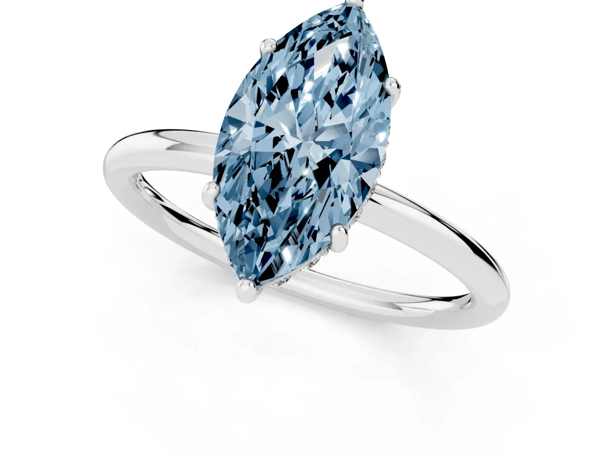 Fancy Blue Marquise Cut Solitaire Diamond Ring with a Classic Band and Four-Prong Setting White gold