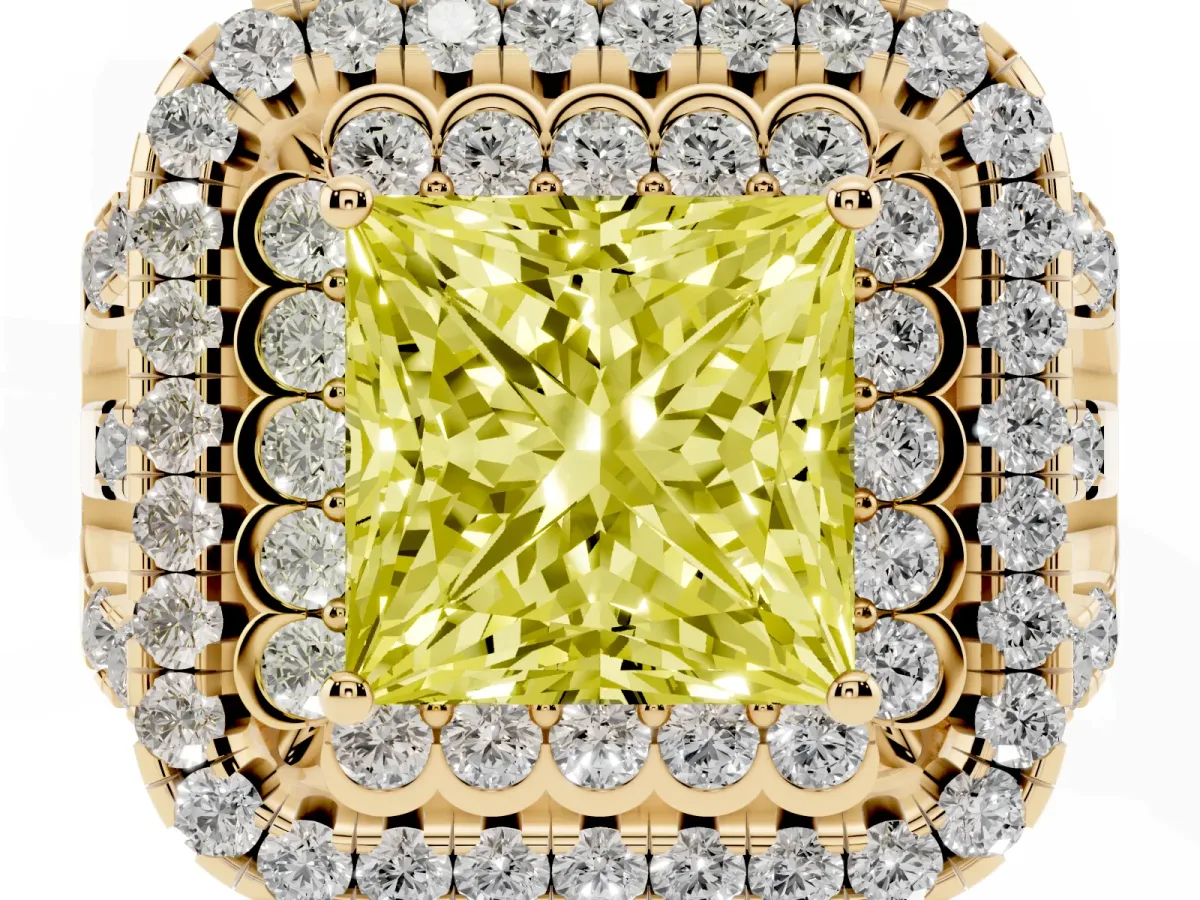 Fancy Yellow Princess Cut Diamond Double Halo Ring with Round Pavé Split Shank and Prong Setting Yellow gold
