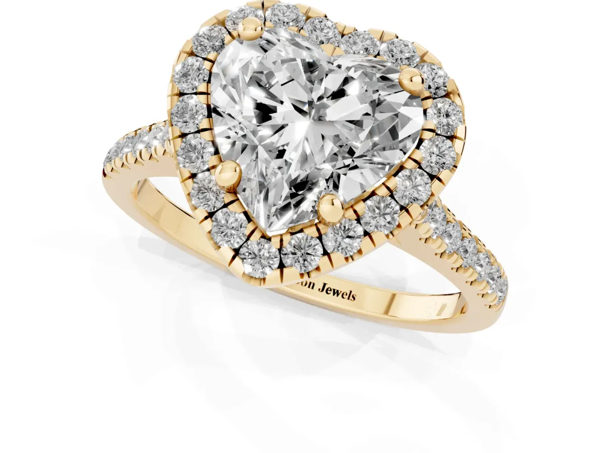Heart Cut Diamond Cushion Halo Ring with Pavé Band Yellow gold
