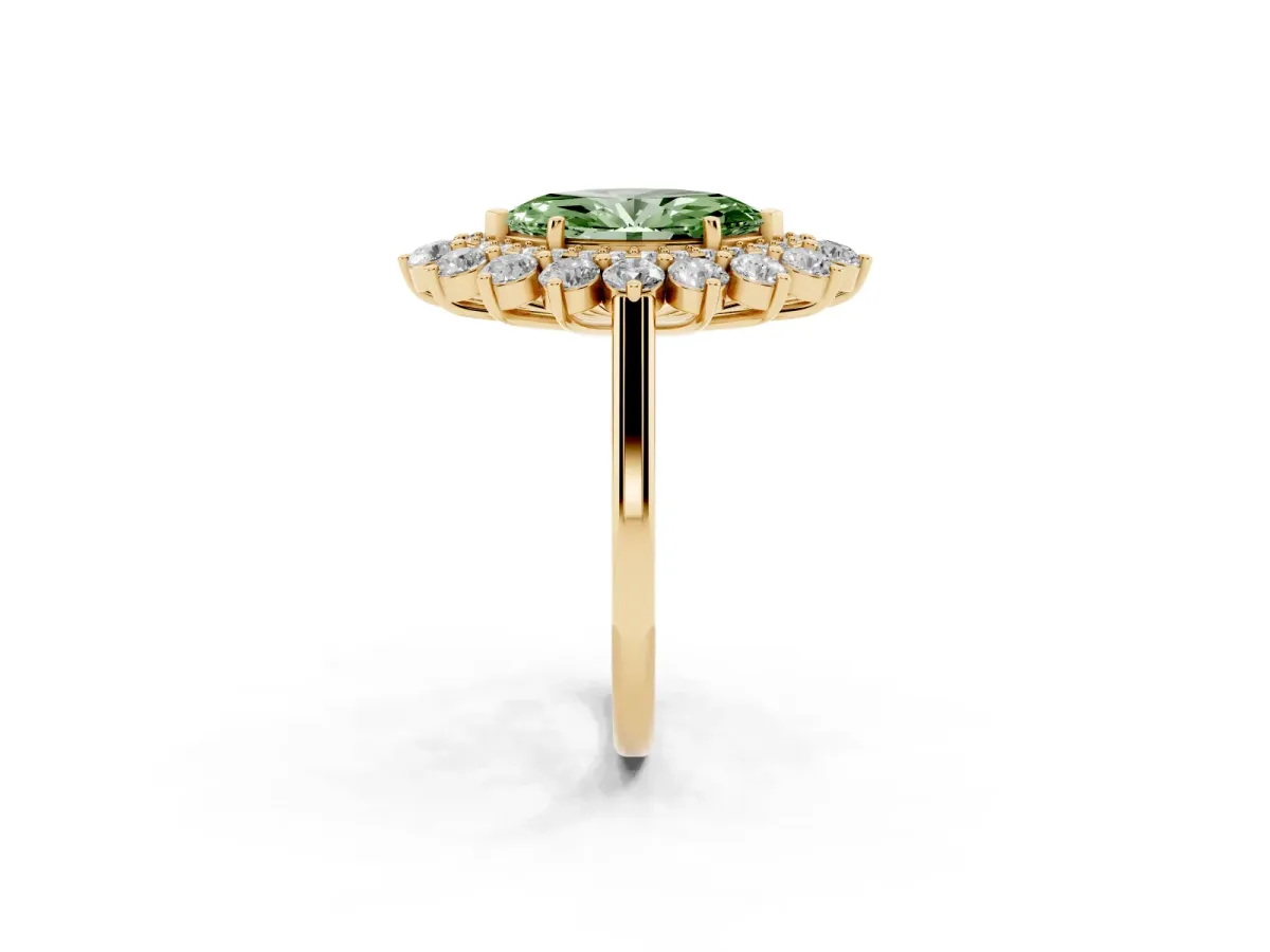 Fancy Green Marquise Cut Diamond Floral Double Halo Engagement Ring with Prong Setting Yellow gold
