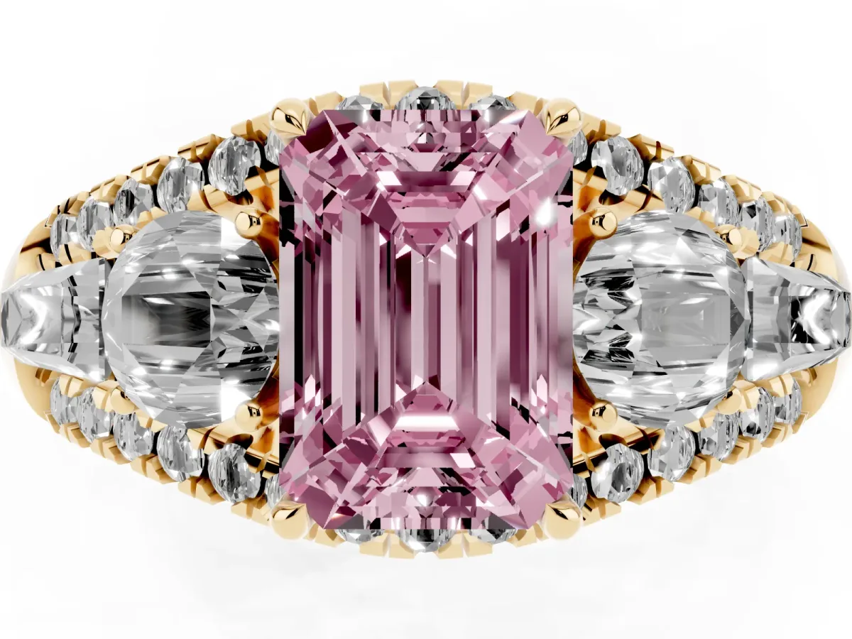 Fancy Pink Three-Stone Emerald Cut Diamond Engagement Ring with Pave Band and Prong Setting Yellow gold