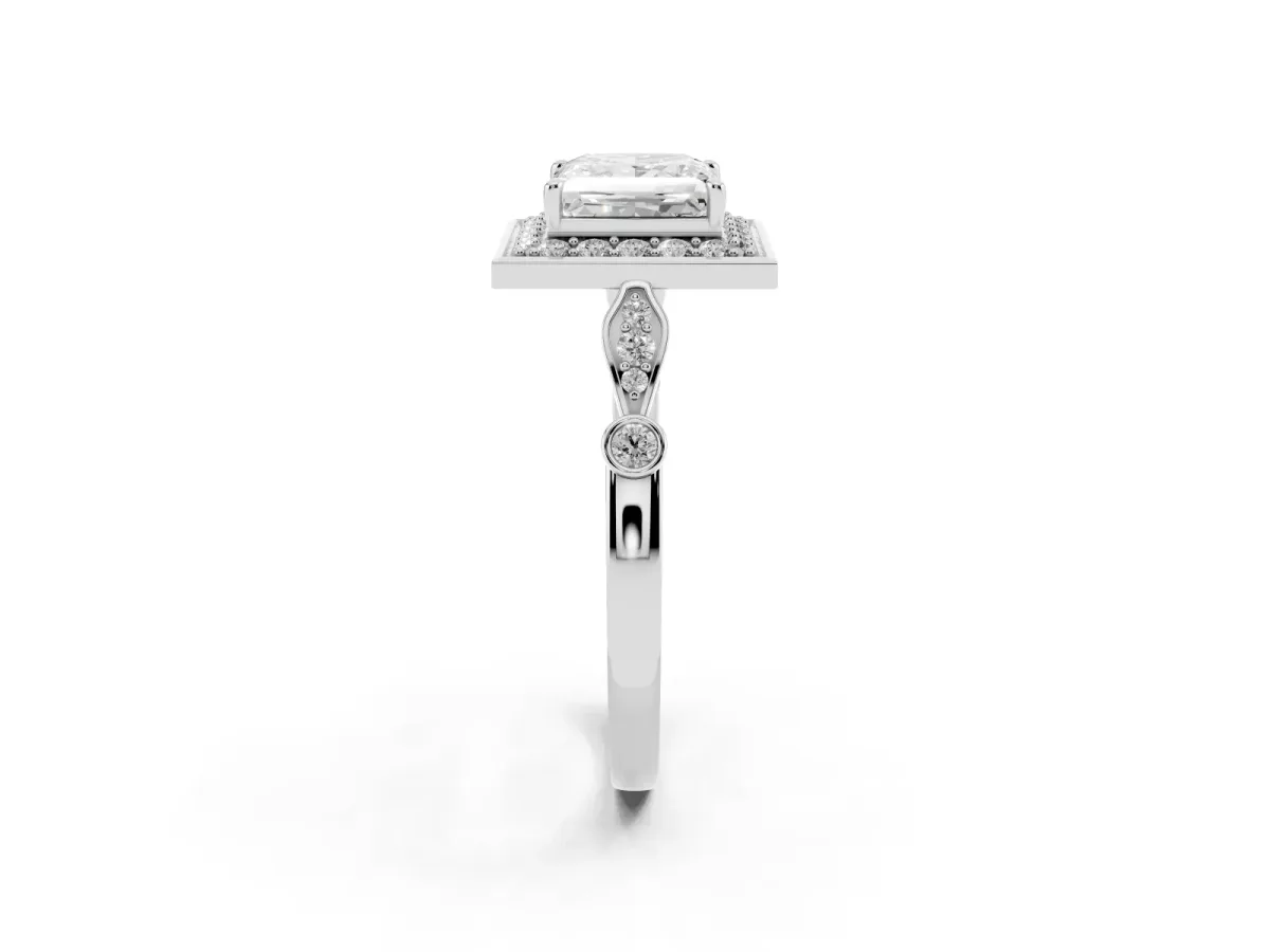 Princess Cut Halo Diamond Engagement Ring with Twisted Band and Four-Prong Setting Platinum